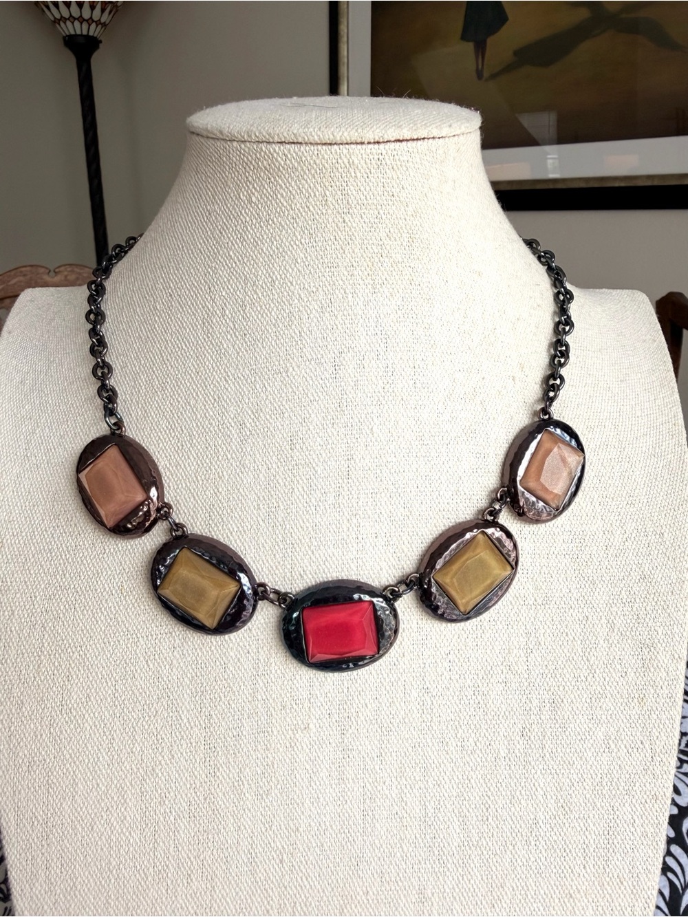 Lucky Brand Multicolor Faux Gem Gunmetal Statement Necklace Boho